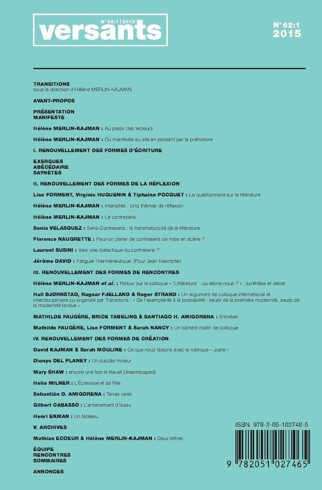 VERSANTS FASCICULES FRANÇAIS. TRANSITIONS