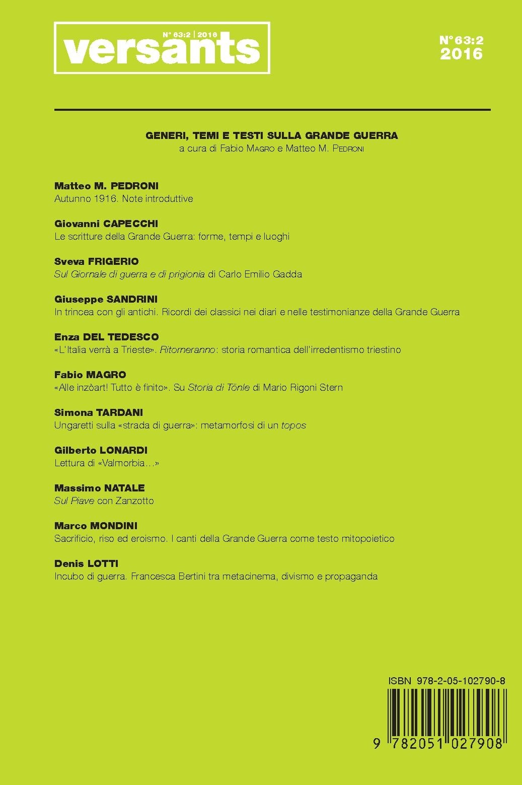 VERSANTS 63 FASCICULE ITALIEN. GENERI, TEMI E TESTI SULLA GRANDE GUERRA