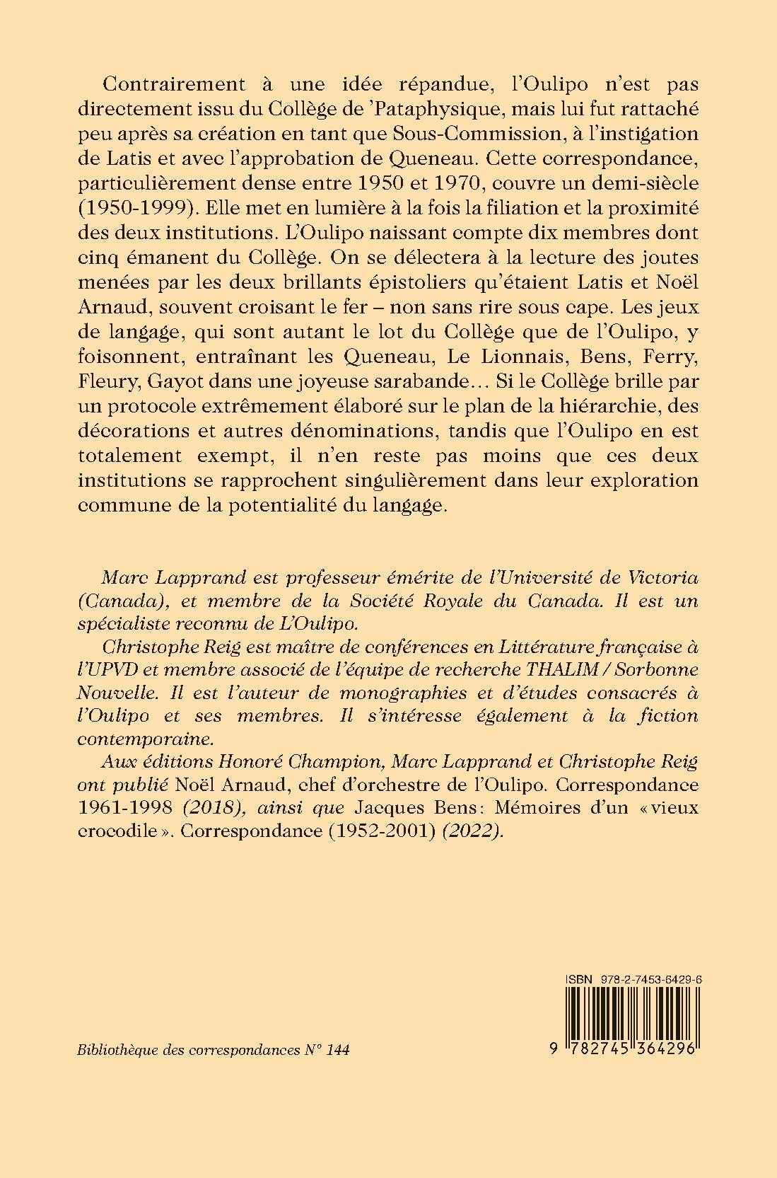 DE LA 'PATAPHYSIQUE À L'OULIPO,  CORRESPONDANCE 1950-1999